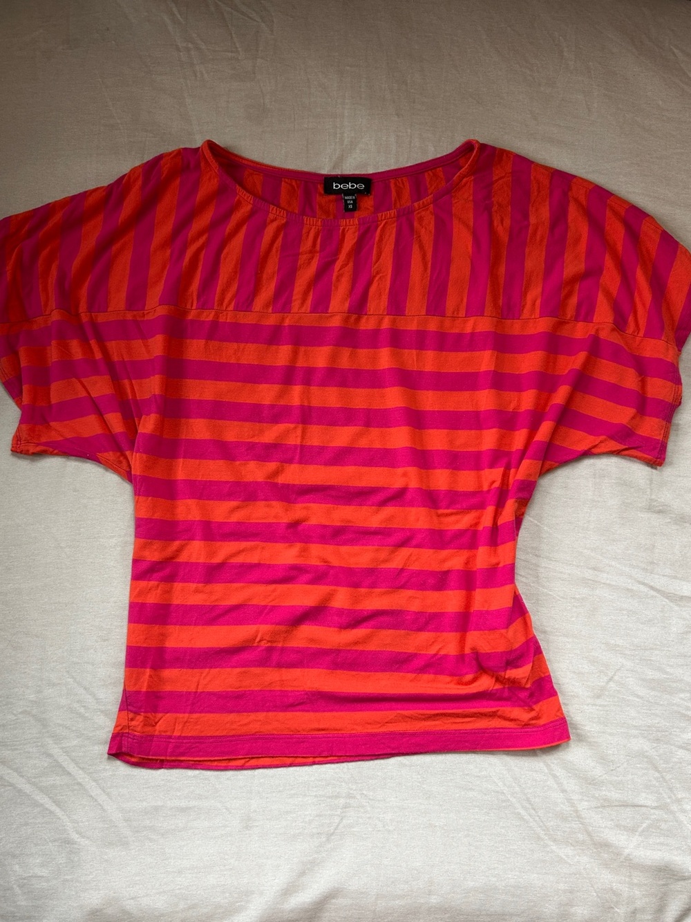 bebe Women's Pink & Orange Striped Short Sleeve Top